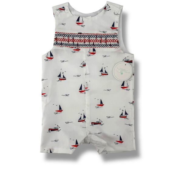 Edgehill Collection Smocked Jon Jon Romper Baby Boy Size 3 Mo Nautical Sail Boat - Picture 1 of 7
